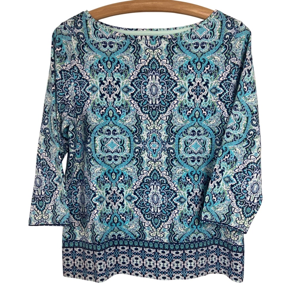 Talbots Paisley Tee Women LP Blue 3/4 Sleeve Boat Neck‎ Cotton Stretch Top E12
